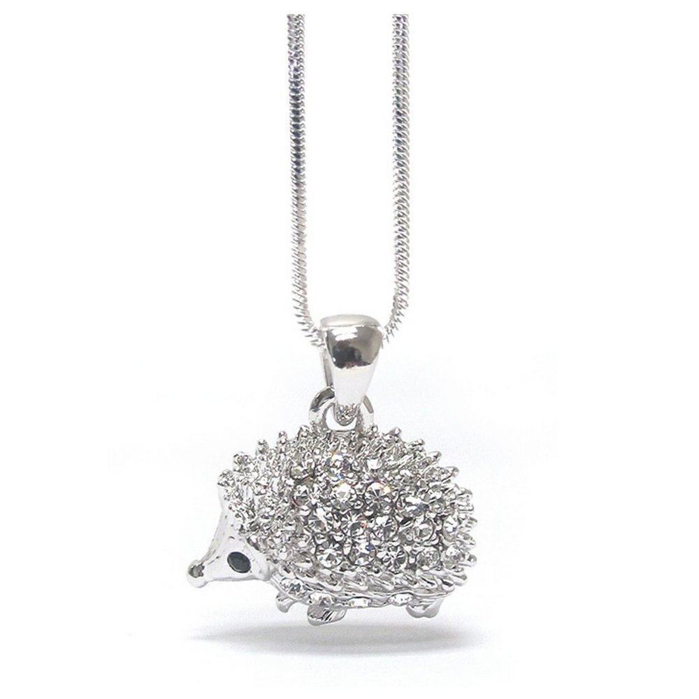 Cute Miniature Porcupine Igel Hedgehog Clear Crystal Pendant Silver Necklace